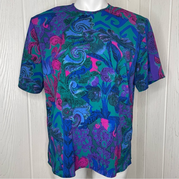 Vintage JG Collection Petite Blouse 8 Teal Pink Blue 1980’s S/S Padded Shoulders - Picture 1 of 9